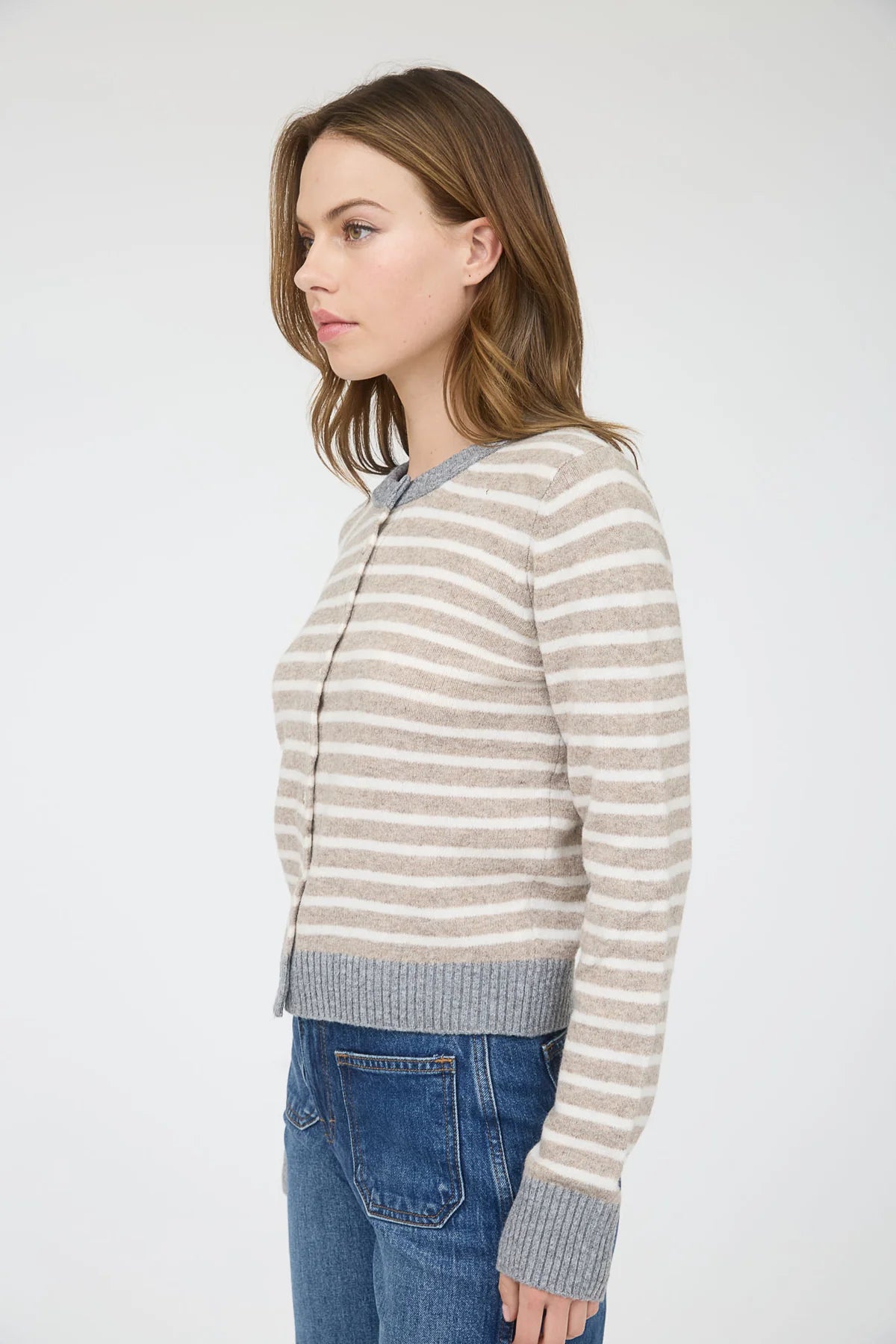 Cropped Button-Front Striped Cardigan