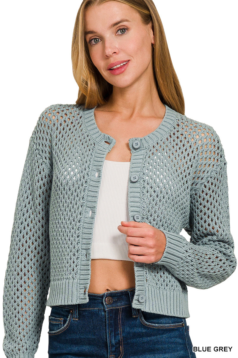 Cropped Openwork Button Cardigan