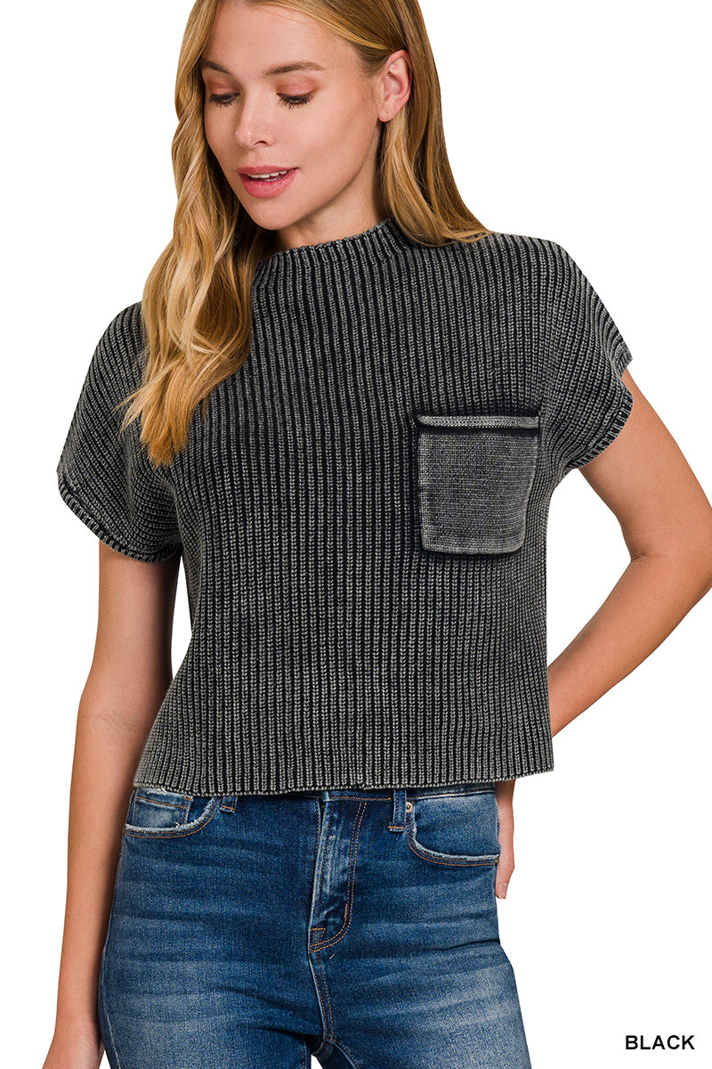 Cropped Mock Neck Pocket Top